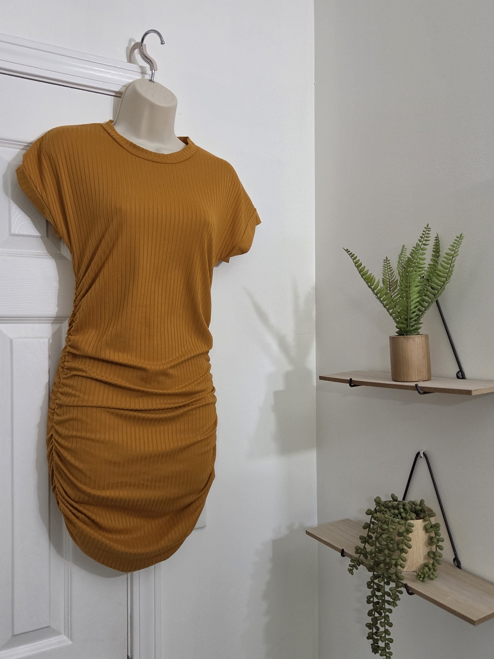 Ruched Short Sleeve Mini Dress in Mustard